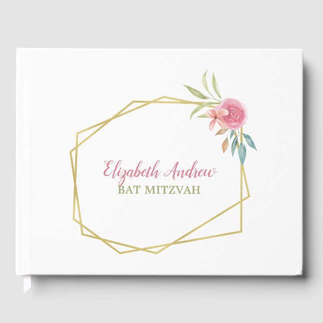Elegant Navy Blue Floral Bat Mitzvah Guest Book (Front)