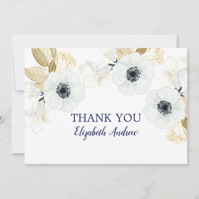 Elegant Navy Blue Floral Bat Mitzvah Thank You Card (Front)
