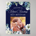 Elegant Navy Blue Floral Bat Mitzvah Welcome Poster<br><div class="desc">Beautiful white peony flowers and green watercolor leaves form an elegant border on this pretty navy blue floral Bat Mitzvah welcome poster. Your daughter's name is written in chic,  white calligraphy above her photo on this party decor for a Jewish family celebrating a girl being called to the Torah.</div>
