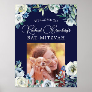 Elegant Navy Blue Floral Bat Mitzvah Welcome Poster