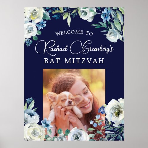 Elegant Navy Blue Floral Bat Mitzvah Welcome Poster