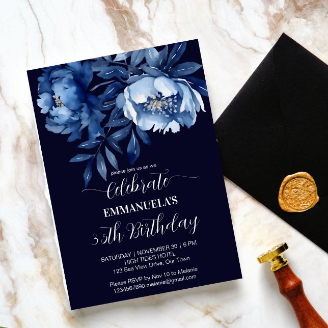 Elegant navy blue floral birthday party template (Elegant navy blue floral birthday party editable template invitation digital download blue peonies)