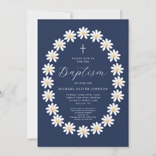 Elegant Navy Blue Floral Boy Baptism Invitation