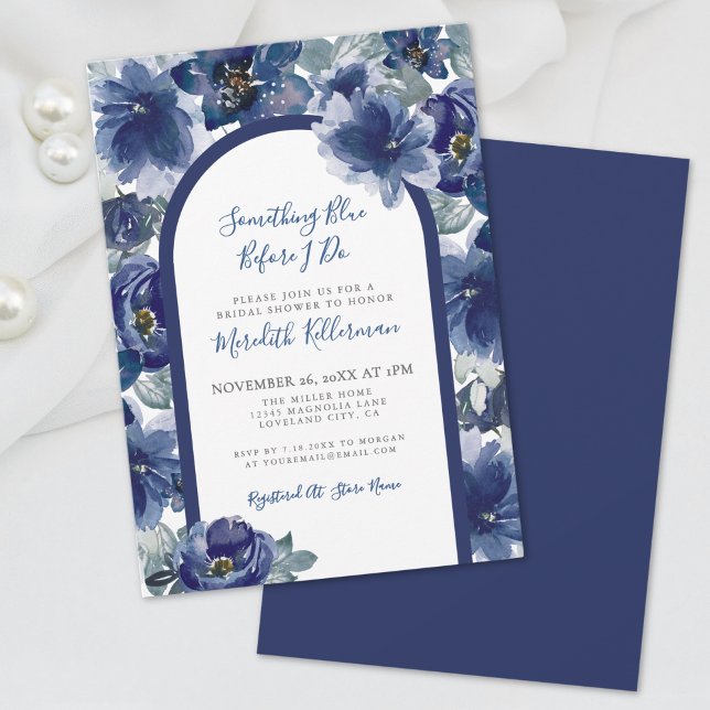 Elegant Navy Blue Floral Bridal Shower Invitation (Elegant Watercolor Navy Blue Floral Bridal Shower Invitation)