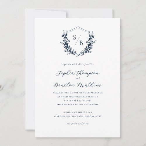 Elegant Navy Blue Floral Crest Monogram Wedding Invitation