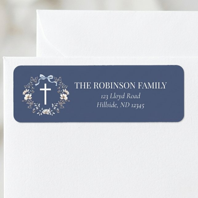 Elegant Navy Blue Floral Cross Baptism Label (Creator Uploaded)