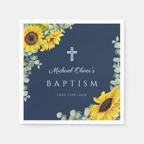 Elegant Navy Blue Floral Cross Baptism Napkins