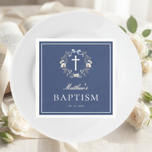 Elegant Navy Blue Floral Cross Baptism Napkins
