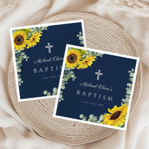 Elegant Navy Blue Floral Cross Baptism Napkins