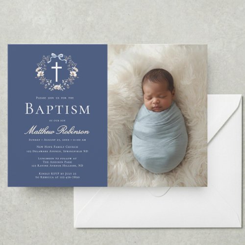 Elegant Navy Blue Floral Cross Baptism Photo Invitation