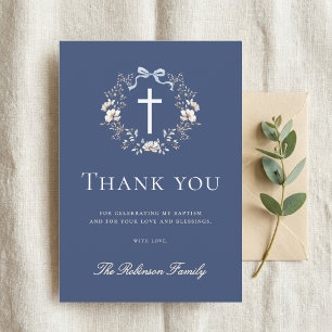 Elegant Navy Blue Floral Cross Baptism  Thank You Card