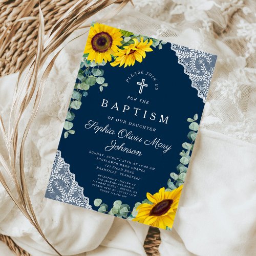 Elegant Navy Blue Floral Cross Boy Baptism Invitation