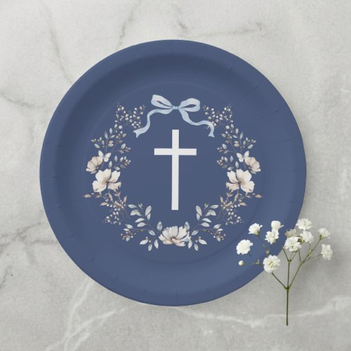 Elegant Navy Blue Floral Cross Paper Plate