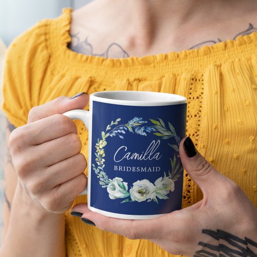Elegant Navy Blue Floral Custom Bridesmaid Gift Coffee Mug