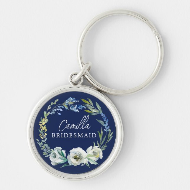 Elegant Navy Blue Floral Custom Bridesmaid Gift Keychain (Front)