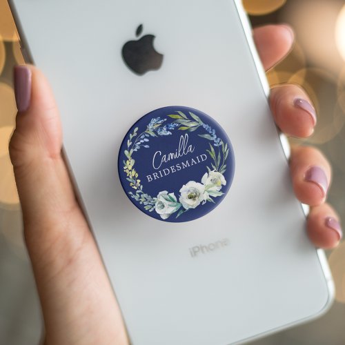 Elegant Navy Blue Floral Custom Bridesmaid Gift PopSocket