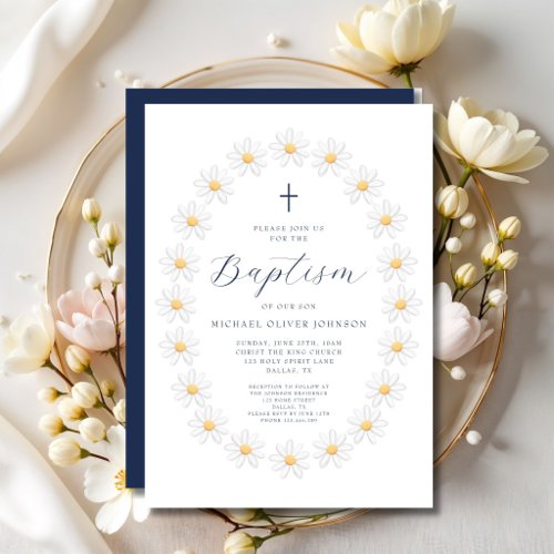 Elegant Navy Blue Floral Daisies Boy Baptism Invitation