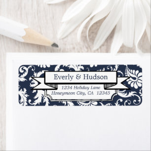 Elegant Navy Blue Floral Damask Return Address Label