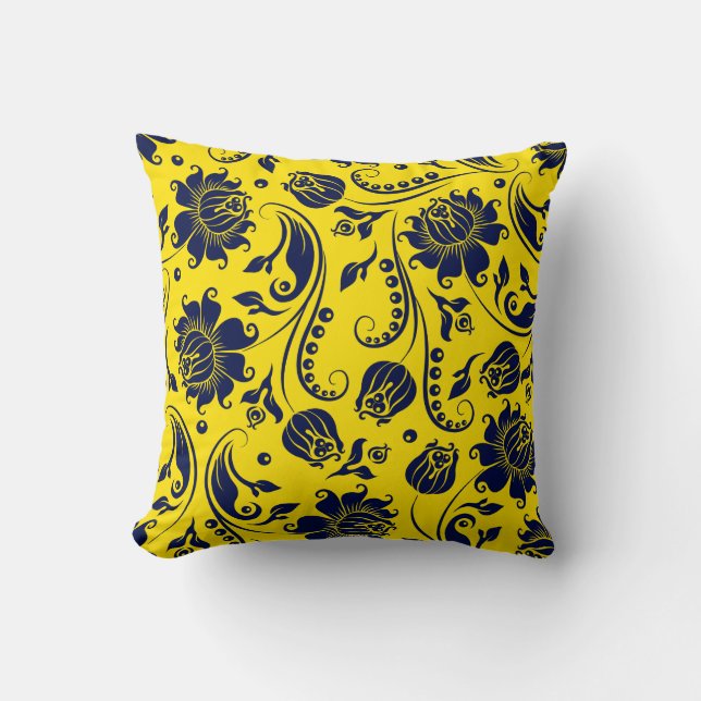 Elegant Navy Blue Floral Damasks On Bright Yellow Throw Pillow (Front)