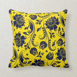 Elegant Navy Blue Floral Damasks On Bright Yellow Throw Pillow
