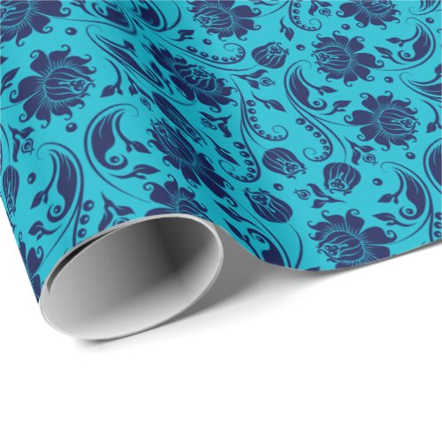 Elegant Navy Blue Floral Damasks Turquoise Wrapping Paper