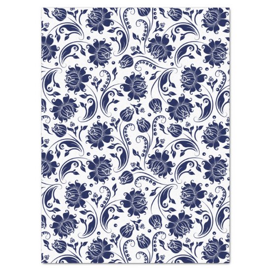 Elegant Navy Blue Floral Damasks White Background Tissue Paper