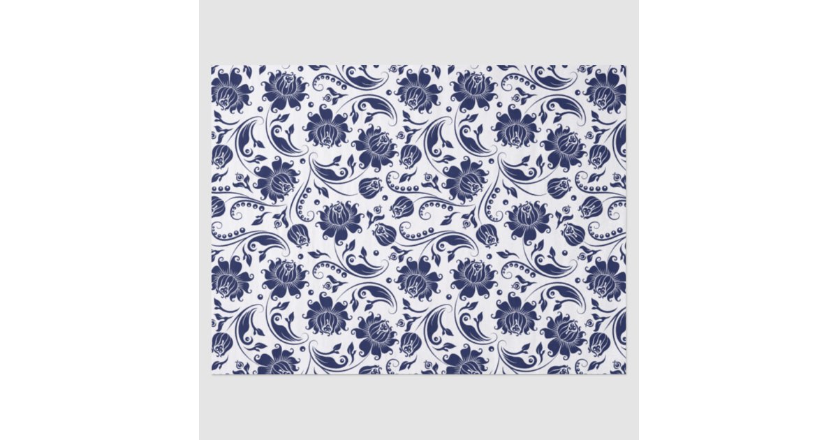 Elegant Navy Blue Floral Damasks White Background Tissue Paper | Zazzle