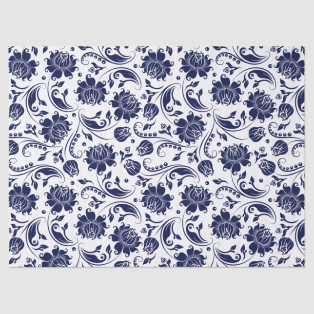 Elegant Navy Blue Floral Damasks White Background Tissue Paper (Front)