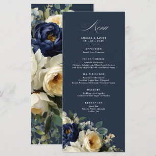 Elegant Navy Blue Floral Details Menu Wedding