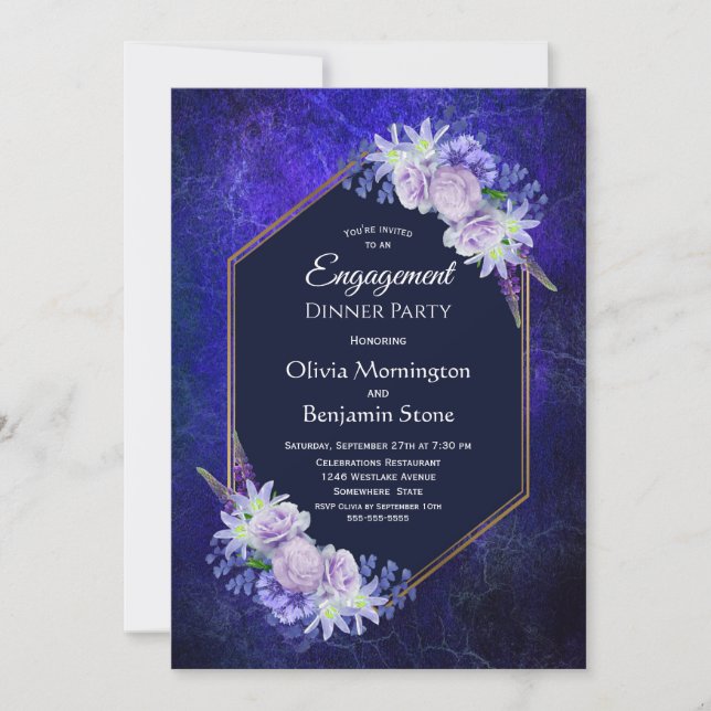 Elegant Navy Blue Floral Engagement Dinner Party Invitation (Front)