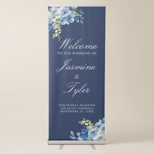 Elegant Navy Blue Floral Evening Winter Wedding Retractable Banner | Zazzle