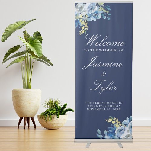 Elegant Navy Blue Floral Evening Winter Wedding Retractable Banner