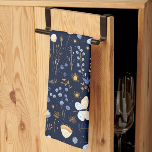 Elegant Navy Blue Floral Flower Butterfly Kitchen Towel