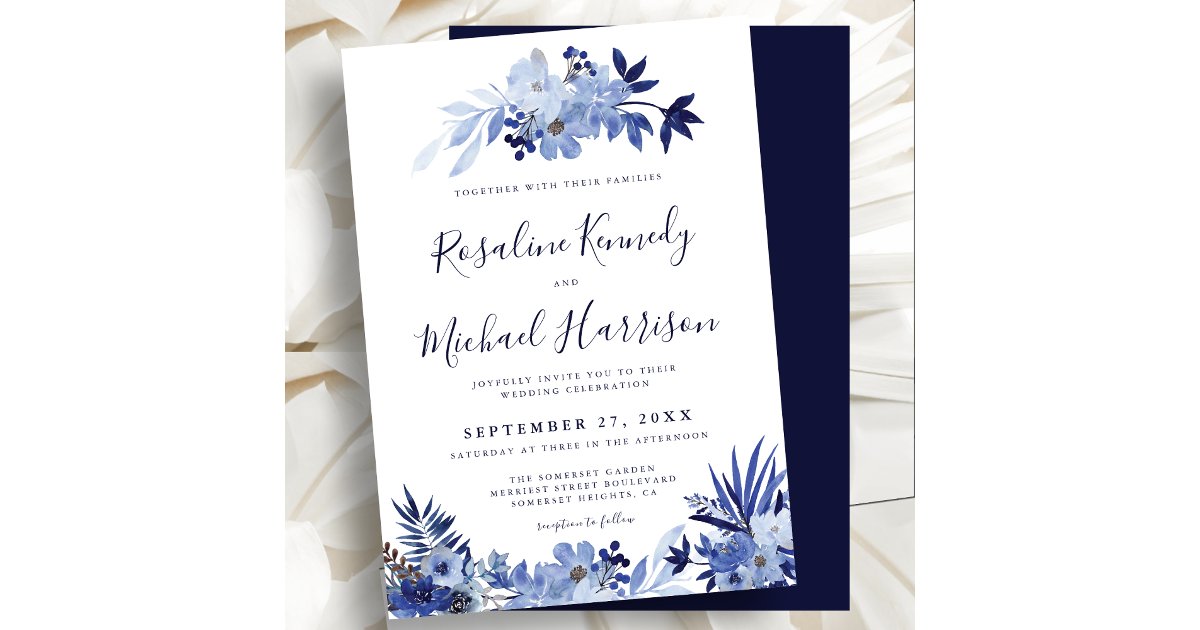 Elegant Navy Blue Floral Foliage Modern Wedding In Invitation | Zazzle