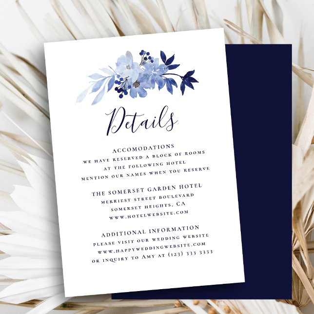 Elegant Navy Blue Floral Foliage Wedding Details Enclosure Card (Creator Uploaded)