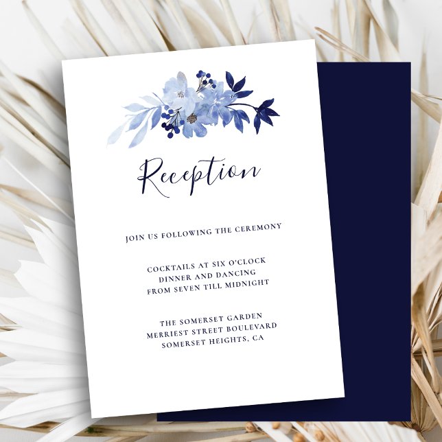 Elegant Navy Blue Floral Foliage Wedding Reception Enclosure Card (Creator Uploaded)
