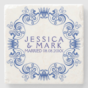 Elegant Navy Blue Floral Frame Stone Coaster