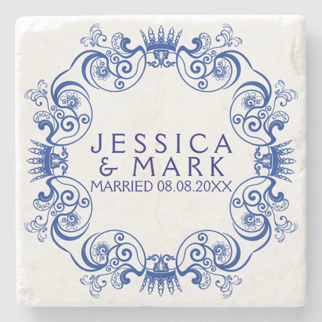 Elegant Navy Blue Floral Frame Stone Coaster (Front)