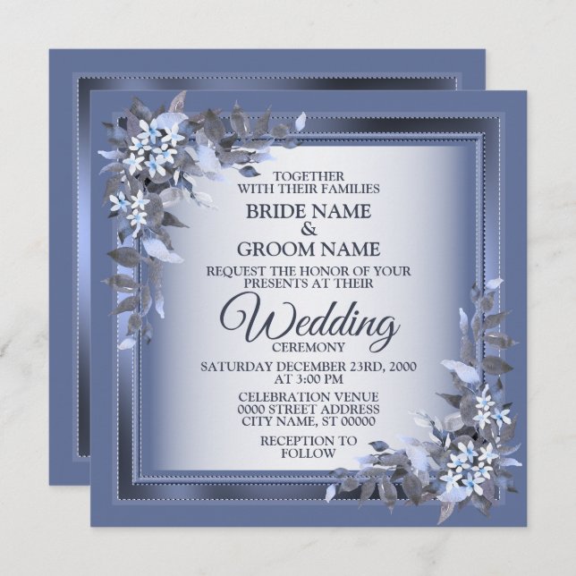 Elegant Navy Blue Floral Framed Silver Wedding Invitation (Front/Back)