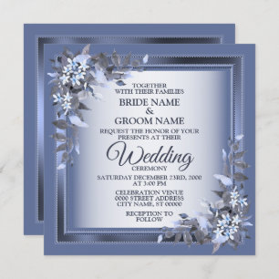 Elegant Navy Blue Floral Framed Silver Wedding Invitation