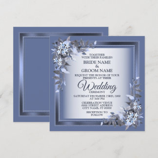 Elegant Navy Blue Floral Framed Silver Wedding Invitation
