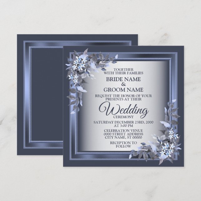 Elegant Navy Blue Floral Framed Silver Wedding Invitation (Front/Back)