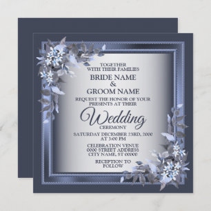 Elegant Navy Blue Floral Framed Silver Wedding Invitation