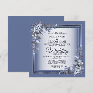 Elegant Navy Blue Floral Framed Silver Wedding Invitation