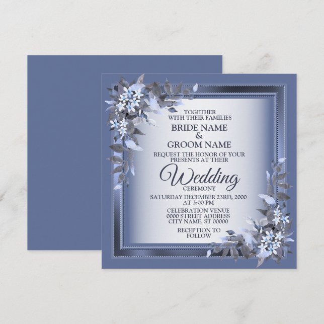 Elegant Navy Blue Floral Framed Silver Wedding Invitation (Front/Back)