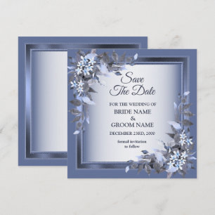 Elegant Navy Blue Floral Framed Silver Wedding Save The Date
