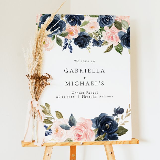 Elegant Navy Blue Floral Gender Reveal Welcome Foam Board (Creator Uploaded)