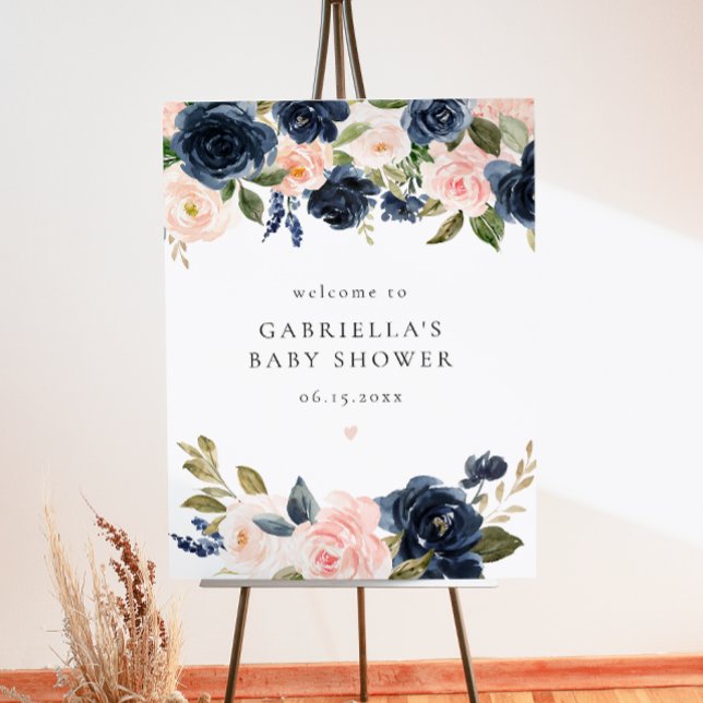 Elegant Navy Blue Floral Girl Baby Shower Welcome Foam Board (Creator Uploaded)