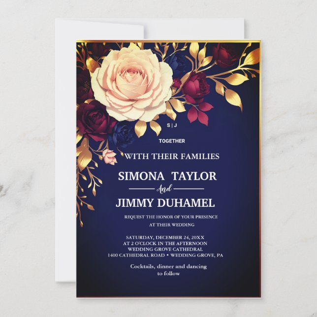  Elegant Navy Blue Floral Gold Blush Pink Wedding Invitation (Front)