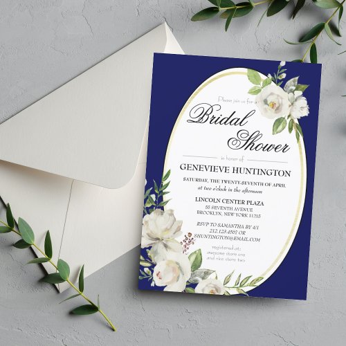 Elegant Navy Blue Floral Gold Bridal Shower Invitation